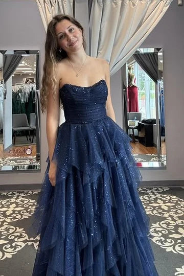 Navy Blue Strapless Tulle A-Line Empire Sparkly Party Prom Dress